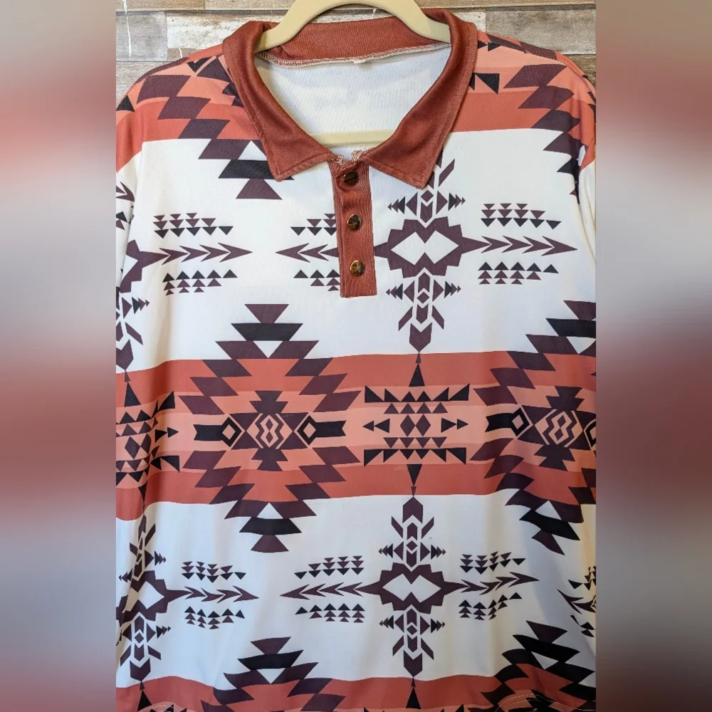New Brown & White Aztec Top With Metal Buttons - Picture 2 of 15